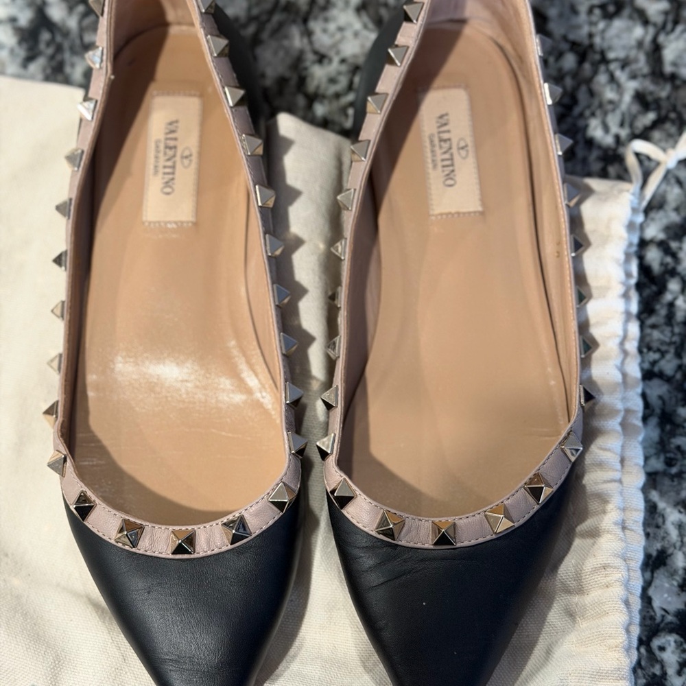 Authentic Valentino Garavani Black and Cream Studded Loafers